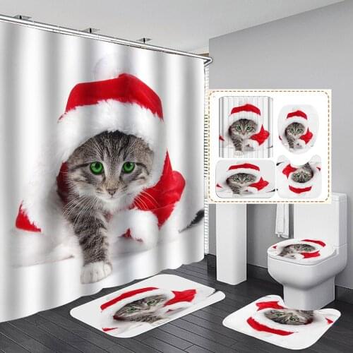 High Quality Cute Cat Pattern Fabric Shower Curtains Waterproof Polyester Bathroom Curtain Floor Mat Non-slip Rug Bath Mats Set