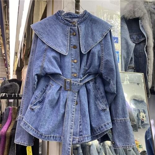 2021 New Spring Autumn Jean Jacket Women Loose Korean Shirt Sweet Doll Collar Vintage Denim Mid-Length Belted Waist Female Tops