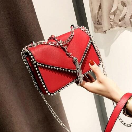 Women Small Shoulder Bag Chain Crossbody Bags Metal Tassel Rivet Decoration PU Leather Messenger Bag