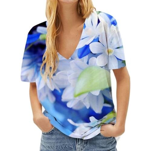5xl Womens Clothes Color Flower Printed 3d T-shirt Summer Casual Women Harajuku Short Sleeve Femme V-neck Tshirts Street Tops