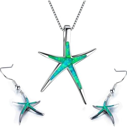 Classic Starfish Ocean Theme Necklace Earrings jewelry set Trendy women Fire Opal pendant Necklace for girl Wedding Party gift