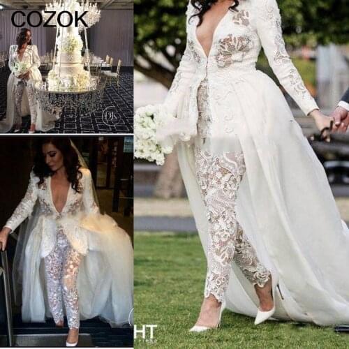 Crochet Lace Applique Wedding Jumpsuit Dresses with Train 2021 Long Sleeve Sexy V-neck Country Garden Bridal Pant Suit