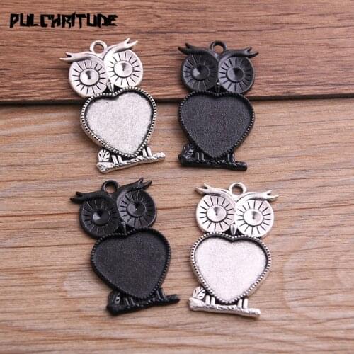 4pcs 20mm Inner Size Metal Alloy Two color Black/Silver color Owl Heart Cabochon Pendant Settings P6593