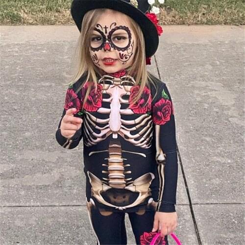 Halloween Horror Skull Rose Flower Skeleton Jumpsuit Cosplay2021 New Fashion Party Carnival Child Baby Girl Jumpsuit