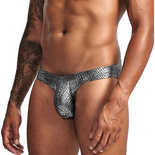 Mens Sexy Bright Snake Skin Low Rise Underwear Mens Briefs Faux Leather Slips Underpants Big Penis Pouch Panties hombre cueca