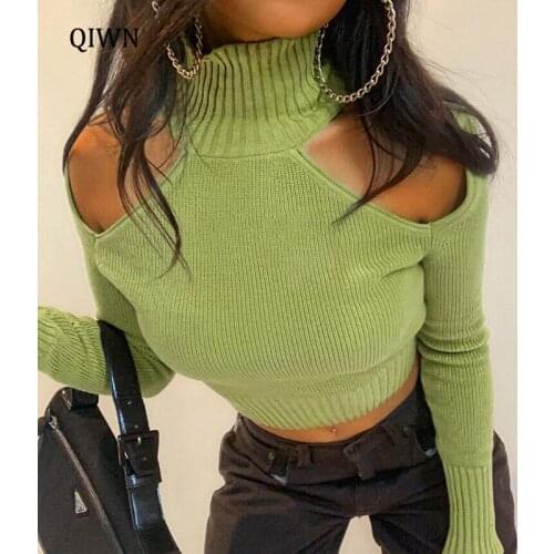 Cut Out Sexy Woman Tshirts Y2K Aesthetic Ribbed Knitted 90s Tops Backless Lace Up Turtleneck Long Sleeve Autumn Tees