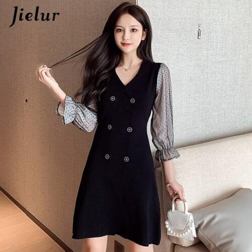 Jielur 2021 Autumn Dresses for Women Korean Chic V-neck Knit Mesh Spliced Black Dots Dress Lady A-Line Slim Vestidos Mujer S-XL