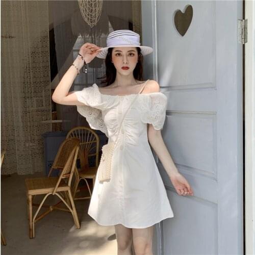 Korean Slash Neck Womens Clothing Off Shoulder Dresses Summer Lace Up Ruffles Moda Feminina Ladies Mini-dress Sweet Style New