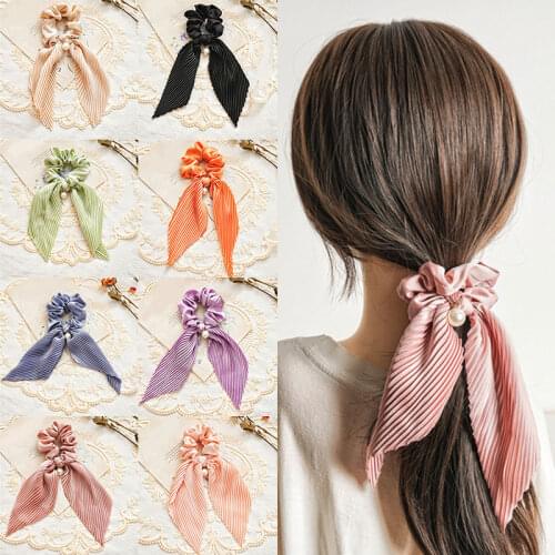 Korea Sweet Big Pearl Hair Scrunchies Elastic Hair Bands Knotted Ponytail Hair Ring Solid Pleated Hair Rope Satin Headwear Hot
