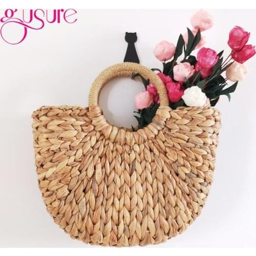 Gusure Small Handicraft Corn Straw Handbags for Women half-round Bags Round Handle Ladies Handbag Girls Summer Beach Totes