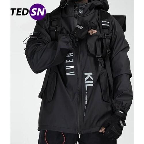 2020 Winter Stylish Mens Black Street Trench Techwear Waterproof Multi-Pocket Letter Printed Windbreaker Jackets Coat Clothing