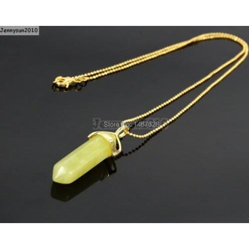 Natural Lemon Ja-de Gems Stones Hexagonal Pointed Healing Reiki Chakra Pendant Beads Gold 17'' Chain Necklace 5 Sets/Pack