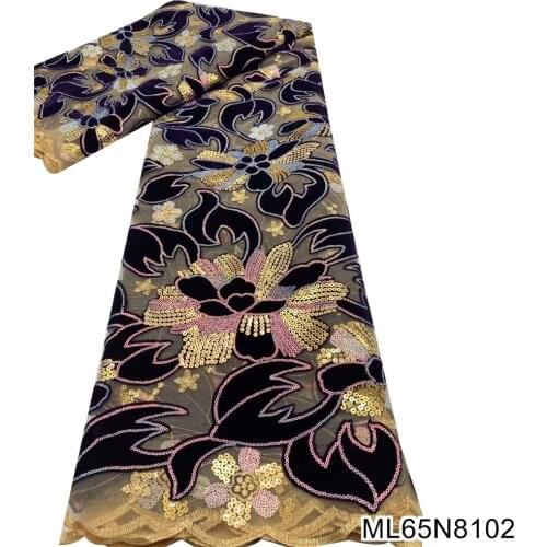 2021 New African French net lace fabric with wonderful laser cut velvet embroidery and sequins for Wedding party Dress ML65N81