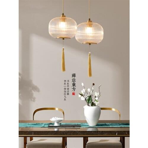 New Chinese glass lantern pendant lights bedroom study lamp copper dining room Chinese style Zen hanging kitchen lamps lighting