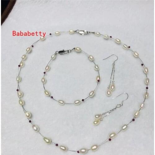 New Handmade Natural Freshwater Pearl 5-6MM Rice Shaped white Multicolor Necklace 18" Bracelet7.5" Earrings Set AAA