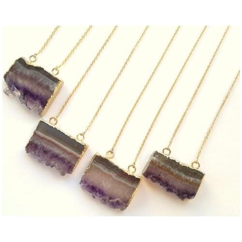 1Pcs Gold Edged Amethys t Slice Necklace Rough Raw Crystal Pendant Amethyste Rough Raw Purple Stone Crystal Cluster