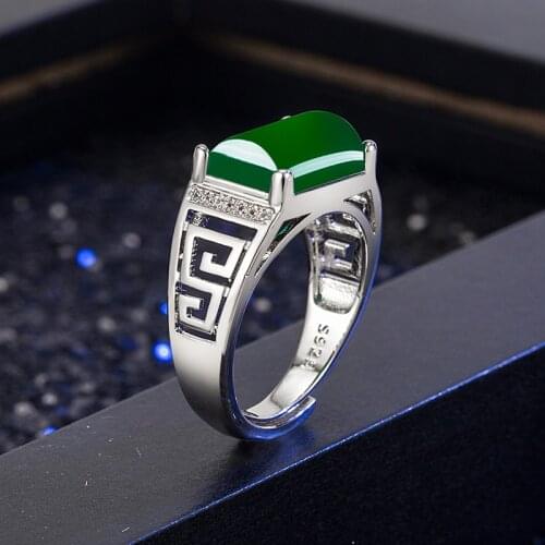 Luxury Vintage 100% 925 Silver Men Ring Geometric Natural Green Jade Emerald Open Wedding Ring Party Man Jewelry Gifts Drop Ship