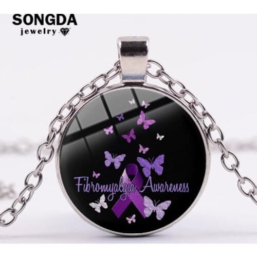 SONGDA Fibromyalgia Awareness Necklace Purple Ribbon Symbol Handmade Art Photo Glass Cabochon Pendant Necklace Fibromyalgia Gift
