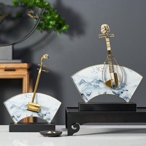 Modern Chinese Ink Landscape Pattern Glass Ornament Musical Instrument Home Decor Living Room Entrance Metal Art Furnishings