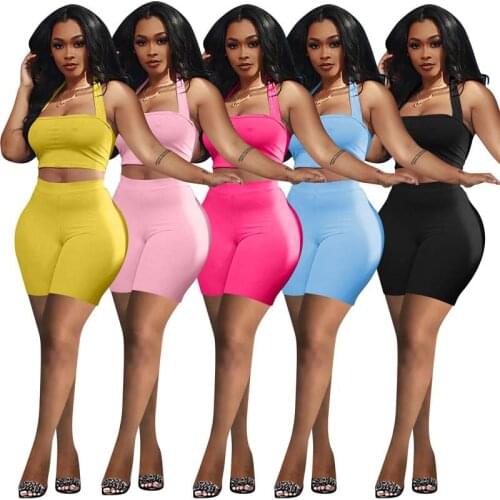 Halter Vest Sports Shorts Suit Solid Color Two-Piece Suit