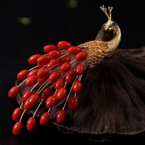 UBESTNICE 925 Sterling Silver Peacock Gold Plated Pendents For Women Gift Natural Dyeing Red Coral Phoenix Brooches Fine Jewelry