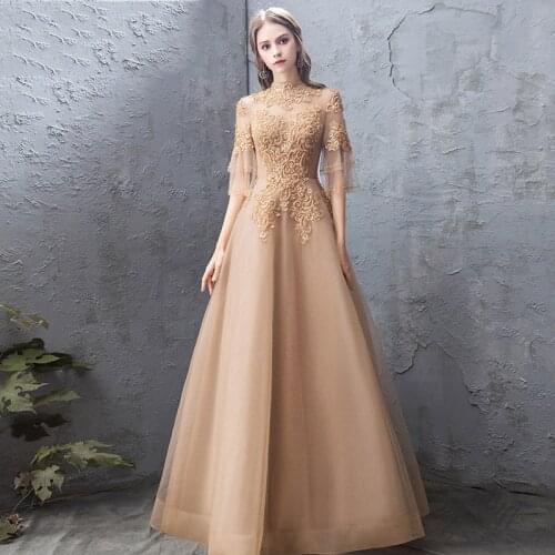 FZSLCYIYI Fashion Formal Dresses Women Elegant Banquet Gold Lace Appliques Beading Formal Evening Gowns Vestido De Noche qipao