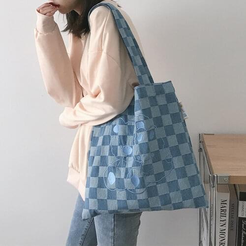 Large Capacity Women Tote Shopping Bag Embroidery Cute Bear Ladies Canvas Shoulder Bags Simple Foldable Female Students Handbags