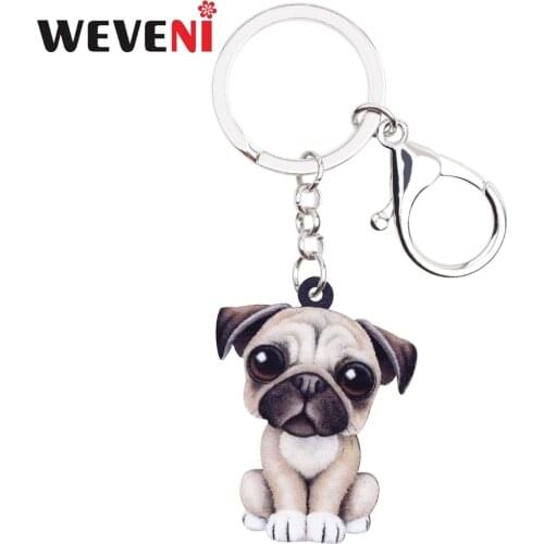 WEVENI Acrylic Anime Lovely French Bulldog Pug Dog Key Chains Keyrings Jewelry For Women Girl Ladies Holder Charms Kids Gift