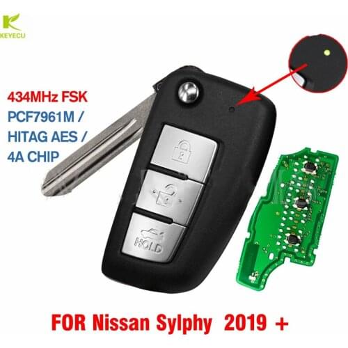 KEYECU Replacement Flip Remote Key Yellow Led 3 Button PCF7961M / 4A CHIP 433.92MHz FSK for Nissan Nissan Sylphy 2019 2020