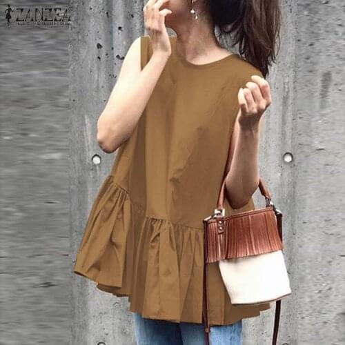 Womens Lace-up Ruffle Blouse ZANZEA 2021 Kaftan Summer Solid Tops Casual Sleeveless Tank Tunic Female Blusas Chemise