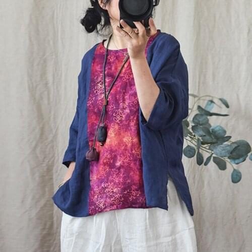 Johnature Women Ramie Shirts O-Neck Three Quarter Sleeve Patchwork Print Floral Tops 2021 Summer New Loose Casual Vintage Blouse