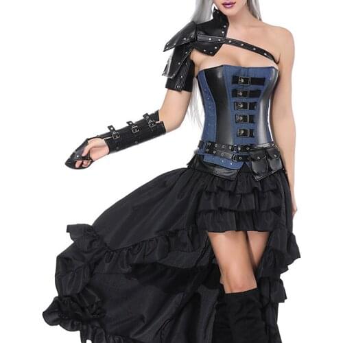 Lady Gothic Victorian Brocade Overbust Oblique Shoulder Corset Bustier Skirt