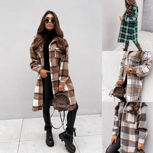2021 Fall Winter Mid Length Long Sleeved Plaid Printed Shirt Womens Jacket Fashion Casual Trend Multi Color Straight All Match