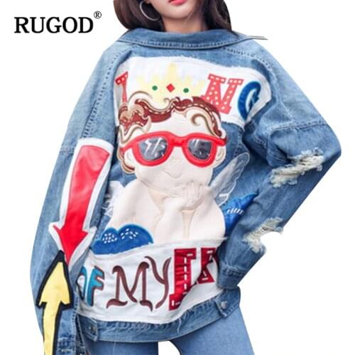 RUGOD 2018 Women Vintage Funny Print Jean Jacket Ripped Hole Long Sleeve Jacket Loose Casual Short Denim Jacket Casaco feminino