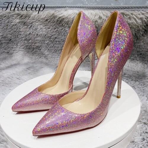 Tikicup Bling Women Pointy Toe D'Orsay High Heel Wedding Party Shoes Ladies Sparkly Slip On Stiletto Pumps Pink Big Size 33-45
