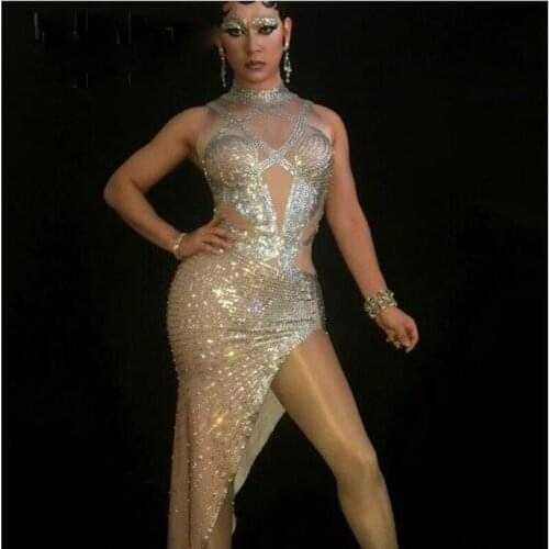 Womens sexy Evening Party Costume Sparkly Crystals Long Dress Stage Wear Women Silver Rhinestones Nude Color Celebrate Dresses