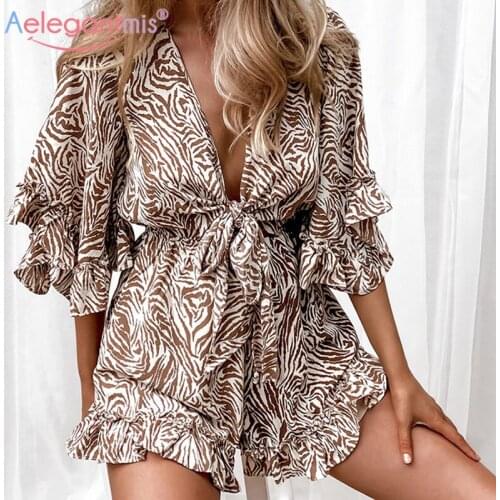 Aelegantmis Print Playsuit for Women Ruffles Sexy V Neck One Piece Jumpsuit 90s Lace-up Loose Casual Rompers&Playsuits Plus Size