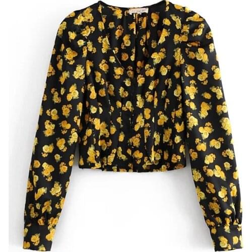 2020 Autumn And Winter Womens New Fashion All-Match V-Neck Ruffled Yellow Flower Print Long-Sleeve Puff Sleeve Short Top