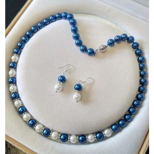Women Jewelry Set 8mm white blue mixed bead real natural south sea shell pearl necklace + dangle hook earring