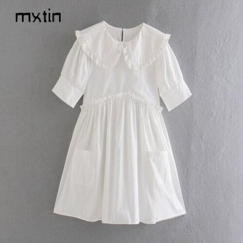 2021 Women Fashion Sweet Embroidery Ruffled White Mini Dress Vintage Loose Peter Pan Collar Puff Sleeve Female Dresses Mujer