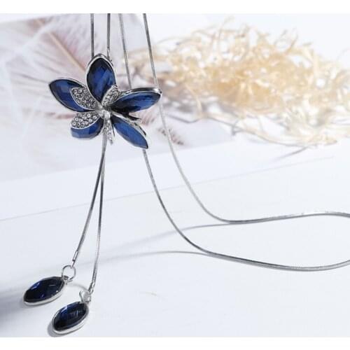 Women sweater Necklace flower pendant blue gray crystal oval-shaped petal silver plated Metal Chain