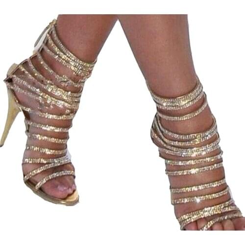 2021 Fashion Gold Evening Shoes Rhinestone Stiletto Heel Strappy Woman Sandals for Party in Spring Summer Narrow Bands shoes