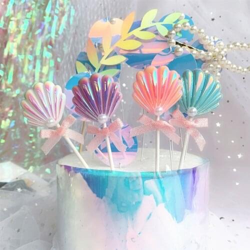 Mermaid Happy Birthday Shiny Shell Fishtail Cake Toppers Starfish for Childrens Day Wedding Party Supplies Baking Lovely Gifts