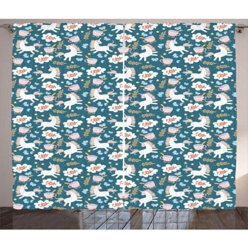 Unicorn Tea Party Curtains Roses Buttterflies Cups Satin Fabric Drapes for Living Room Bedroom 2 Panel Window Set