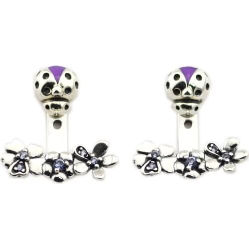 Ladybug Meadow Jacket Earring with Purple Enamel 100% 925 Sterling-Silver-Jewelry Free Shipping