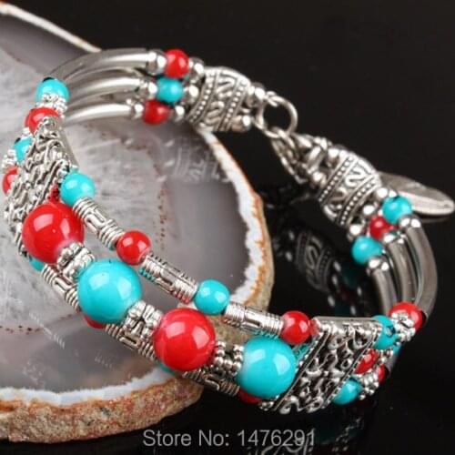 Charm Tibetan Silver Glass Round Beads Charm Bracelet Bangle 6.5"L-7"L