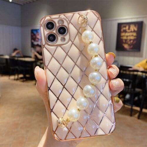 For iPhone 11 12 Pro Max Pearl Bracelet Case, Glitter Sparkle Plating Lattice Designed with Unique Full Camera Lens Protection
