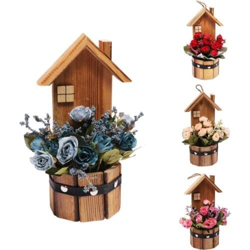 Wooden House Simulation Rose Bonsai Exquisite Wall Hanging Portable Artificial Potted Plant for Wedding Festival Decoration