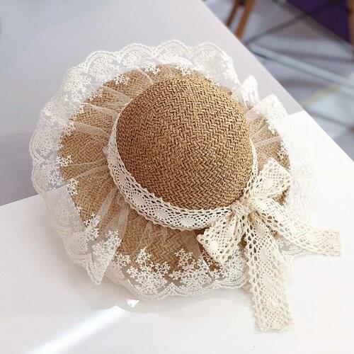 Kids Girls Beach Hats New Fashion Summer Lace Flowers Caps Breathable Straw Hat Elegant Princess Travel Sunhat Baby Bonnet
