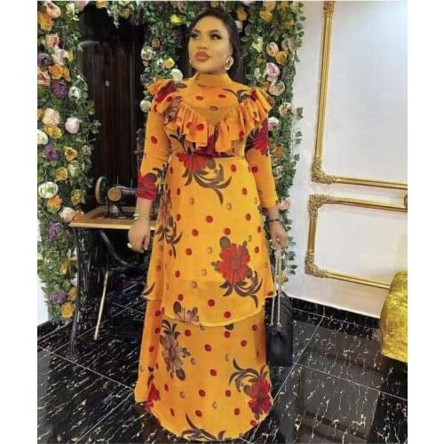 Tilapia Plus Size African Ankara Style Dot Print Chiffon Patchwork Maxi Long Elegant Dress Two Pieces Outfit for Travel